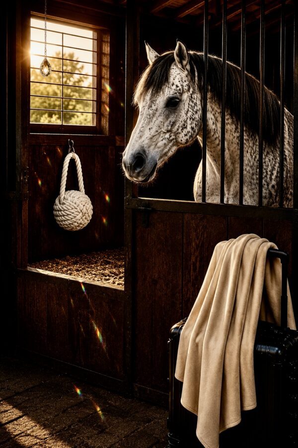 Dappled horse in sunlit wooden stable