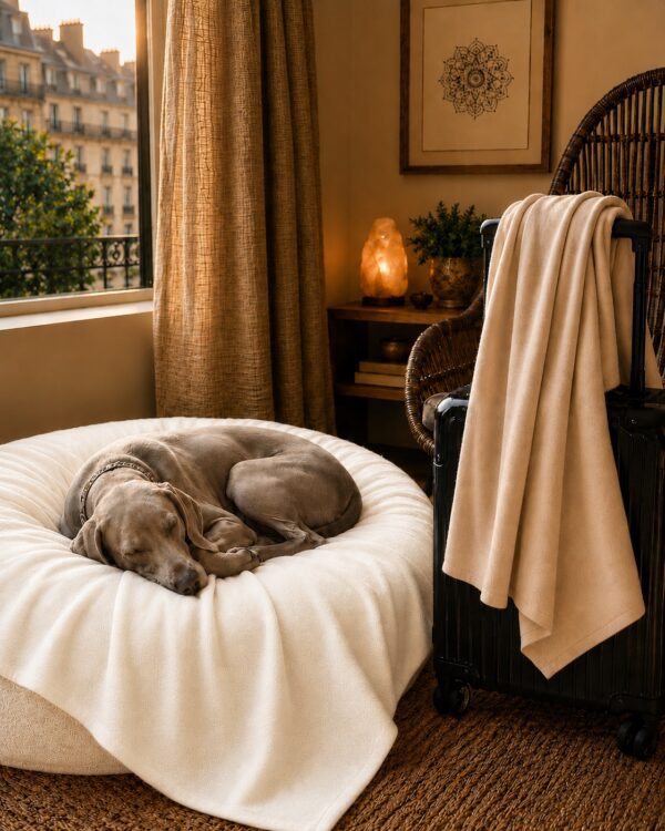 Sleeping dog on round bed in cozy room