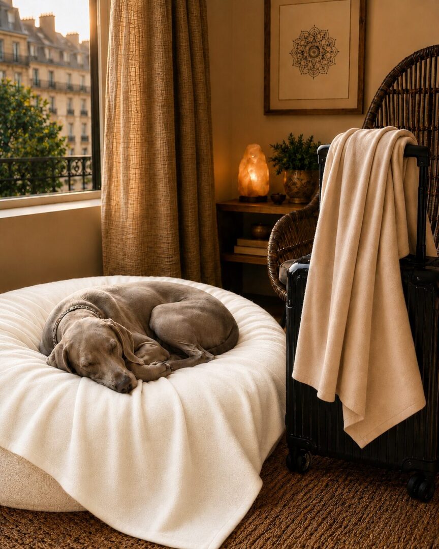 Sleeping dog on round bed in cozy room