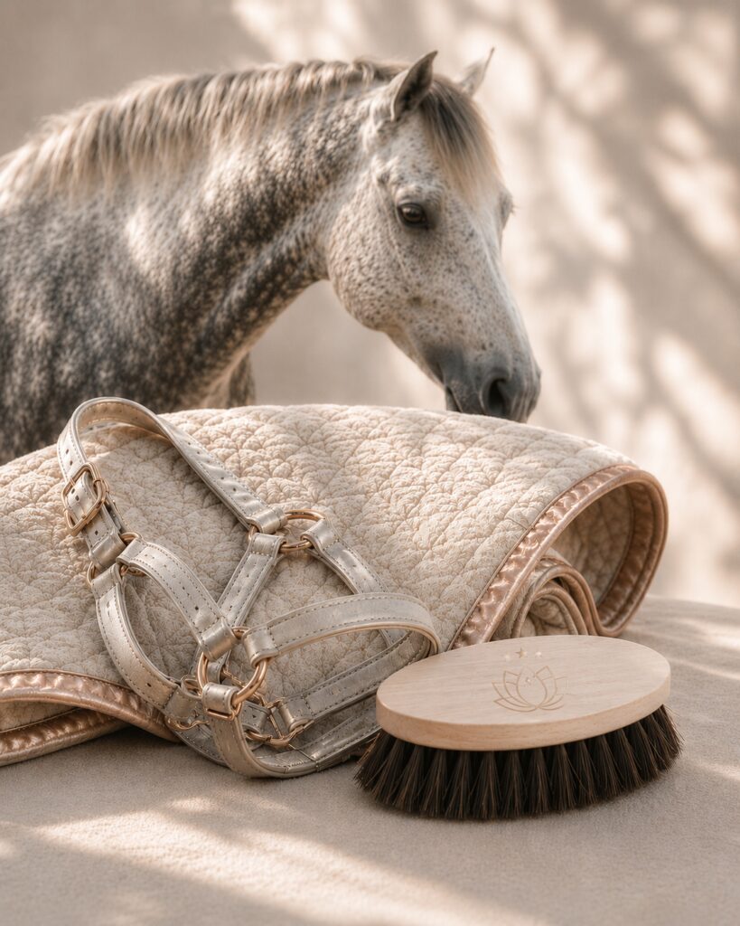 Gray horse with grooming brush and halter