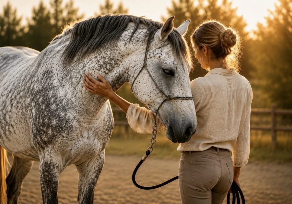 Person petting dappled gray horse at sunset