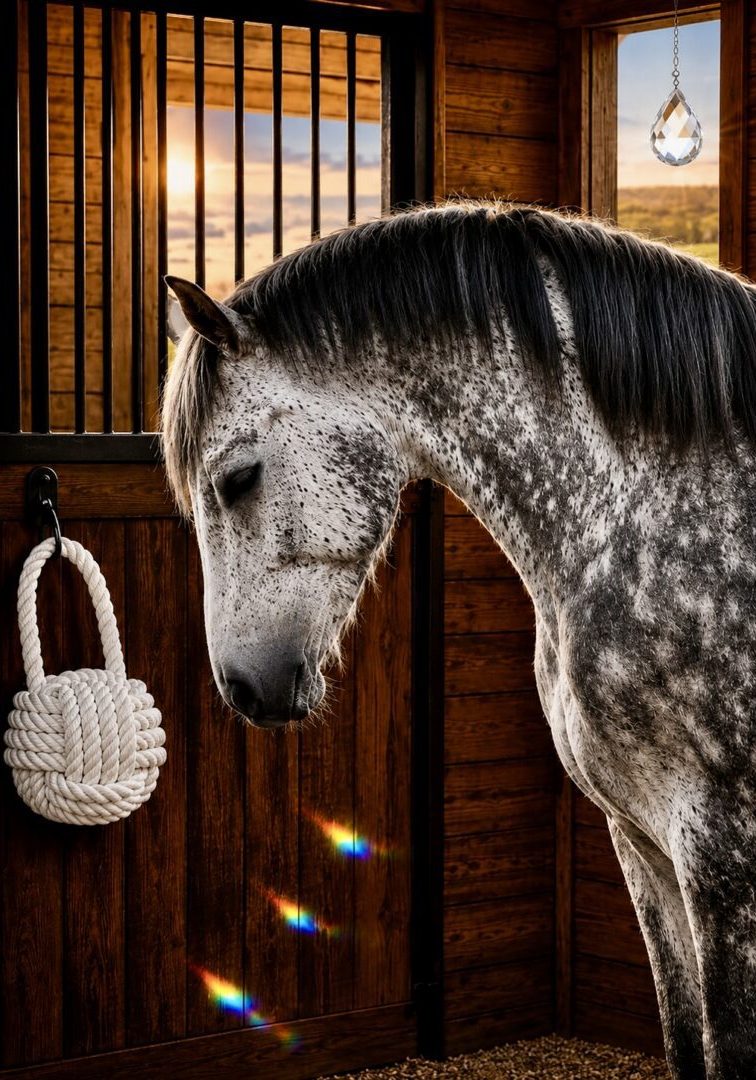 Dappled gray horse in wooden stable