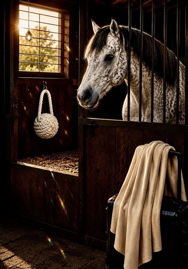 Dappled horse in sunlit wooden stable